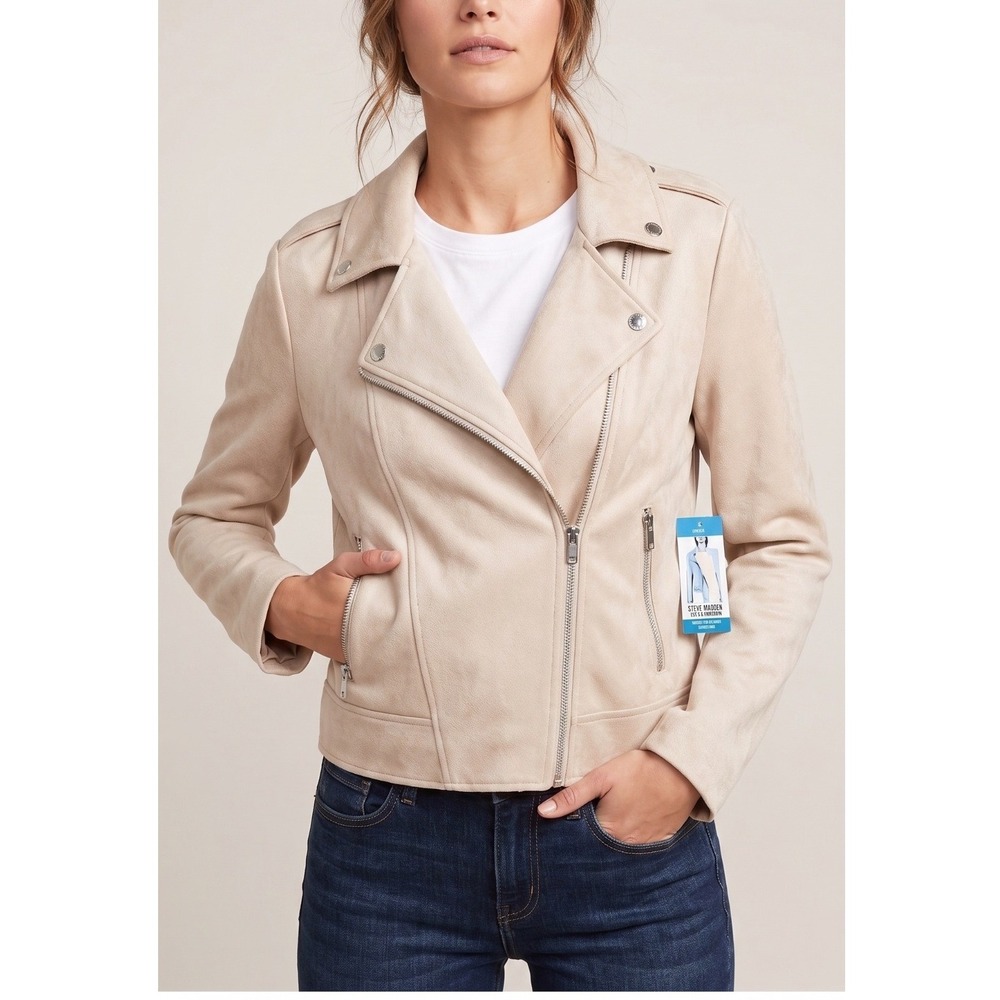 BB Dakota Madden Women Jacket L Faux Suede Vegan Moto Jacket Crop Biker Cute New